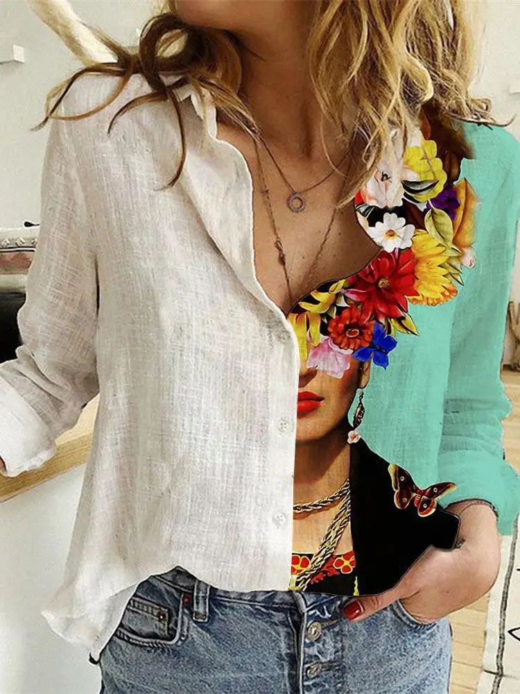 Shirt Camp Collar - Mulheres primavera e outono manga longa